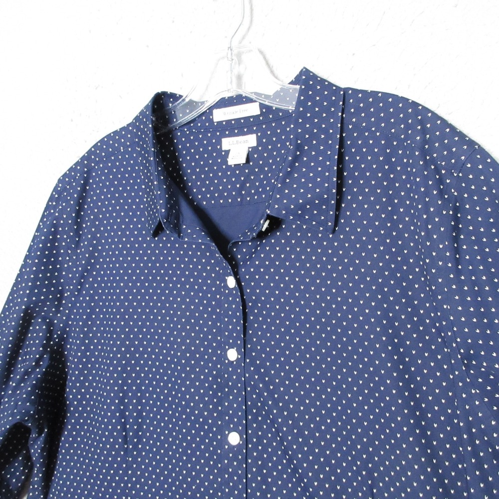 LL Bean Top Women 2X Blue Birds Eye Wrinkle Free Button Classic Preppy Nautical